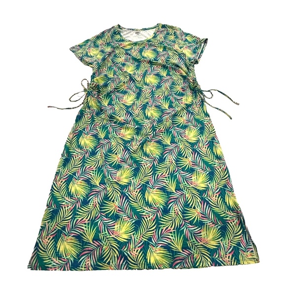 Lands’ End Women’s 2X Stretch Jersey Dress Green Palm Leaf Print Cinch Ties Plus - Picture 1 of 11